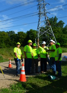 Wright Tree Service employees evaluate the job site